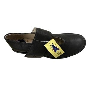 New FLY London Black Leather Yan Mary Jane Wedge Shoes Size 39